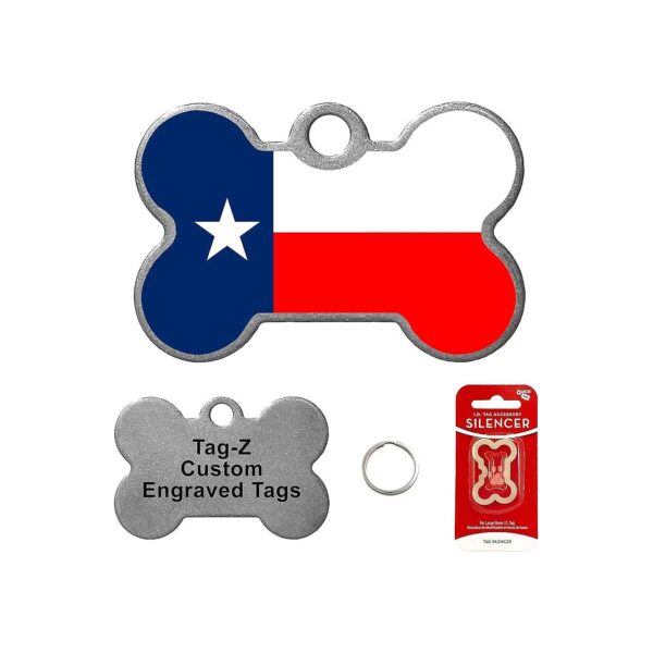 Texas Flag Pet Tag with Bone Shape Design and Customizable Back in Stainless Steel