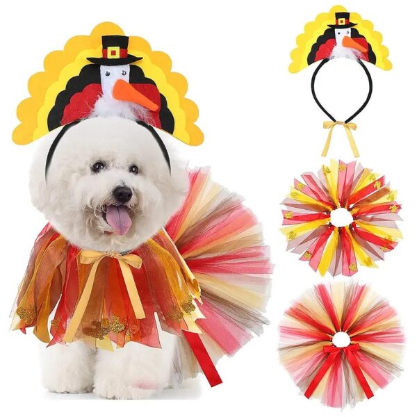 Thanksgiving Dog Costume Kit with Turkey Headband, Tutu, and Collar for Small Dogs