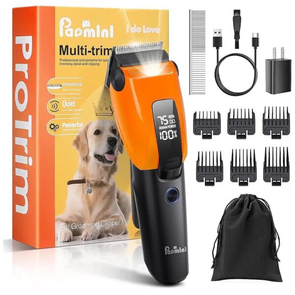 Thick Coat Dog Grooming Kit with LED Display, Low Noise, Cordless Design, and Travel Lock