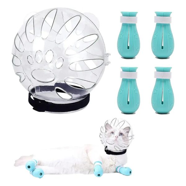 Translucent Cat Grooming Helmet with Silicone Paw Boots and Adjustable Straps