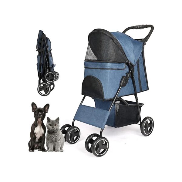 Travel Pet Stroller with Adjustable Handle and Storage Basket for Dogs and Cats