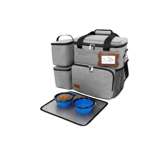 Travel Supplies for Dogs Kit with Collapsible Bowls and Containers in Grey Polyester Bag