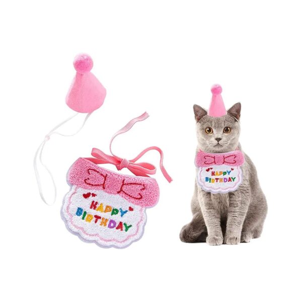 Two-Piece Pink Cat Birthday Hat and Bib Set with Soft Scarf