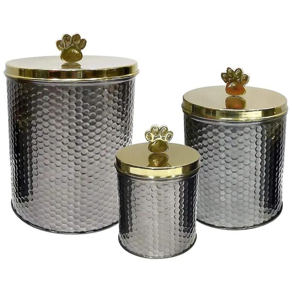 Unique Black Nickel Embossed Metal Food Storage Canister with Golden Paw Handles and Lids