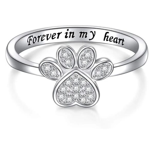 Unique Engraved Sterling Silver Dog Cat Paw Print Ring with CZ Accents