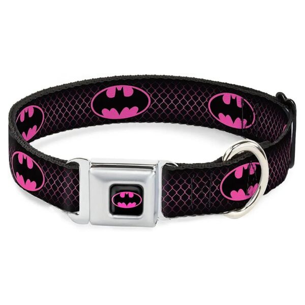 Unique Mini SeatBelt Buckle Dog Collar 16 to 23 Inches with Chainlink and Batman Shield