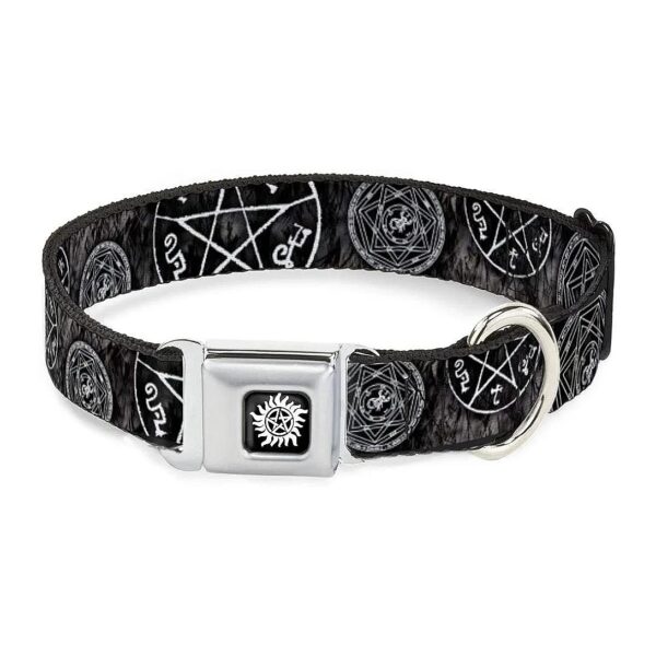 Unique Seatbelt Buckle Dog Collar with Devils Trap Pentagram Design for 9 to 15 Inches