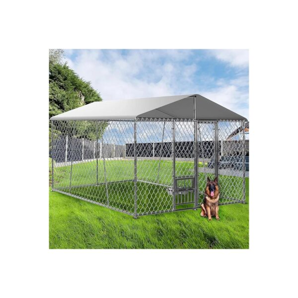 Upgraded 10x10x7FT Metal Outdoor Dog Kennel with Roof and Bowls