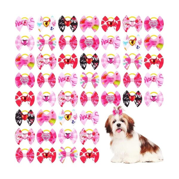 Valentine's Day Dog Hair Bows Set 60 Pieces Pink Heart Sweet Dog Grooming Accessories