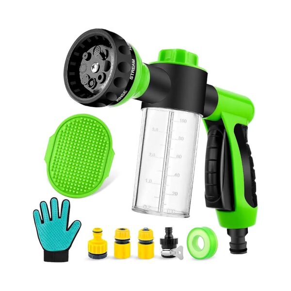 Versatile Green Pet Shower Tool with Adjustable Nozzle, Grooming Glove, and Soft Brush