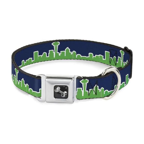 Vibrant Seattle Skyline Artwork Dog Collar Seatbelt Buckle Navy Bright Green 1 Wide