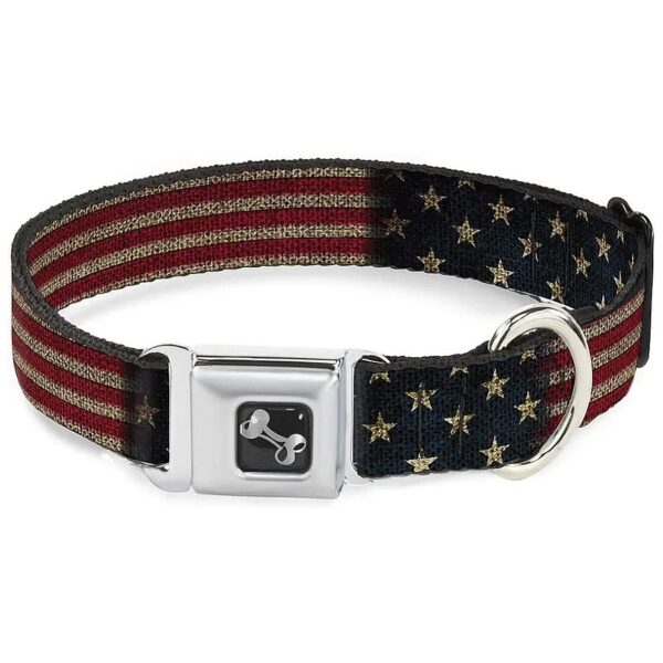 Vintage US Flag Seatbelt Buckle Nylon Dog Collar 15-26 Inch Neck