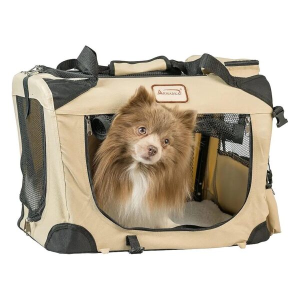 Water Resistant Beige Pet Crate with Multiple Pockets and Fleece Liner