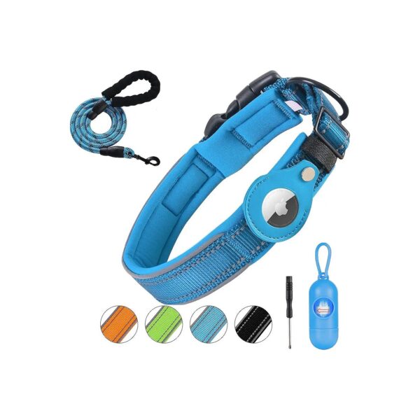 Water-Resistant Reflective Dog Collar with AirTag GPS Holder Neoprene Material Blue XL