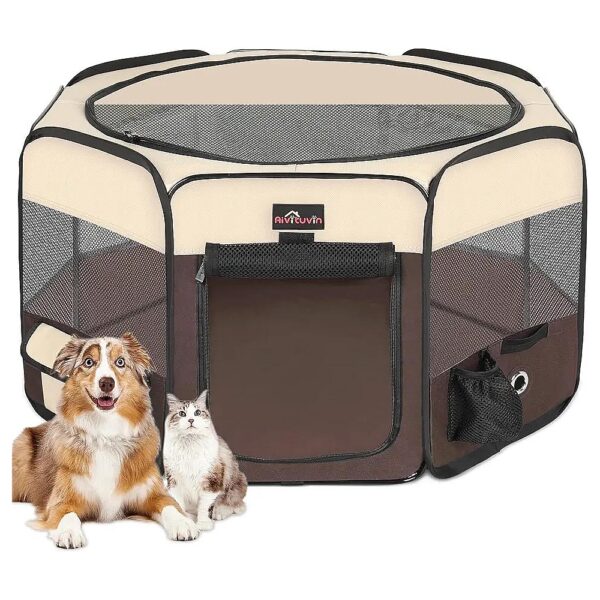 Waterproof Dog Playpen with Removable Shade Cover for Outdoor Use Brown Large