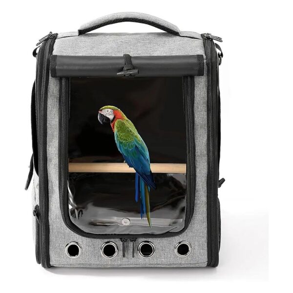 Waterproof Grey Bird Backpack with Perch and Feeder, Removeable Bottle and Stainless Tray