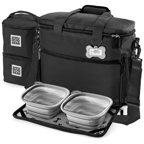 Week Away Dog Travel Kit Includes Lined Food Carriers and Collapsible Dog Bowls Black