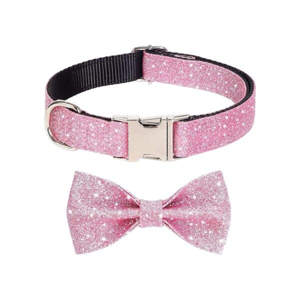 Whimsical Pink Dog Collar with Bling Bow Tie and Metal Buckle for Small Dogs