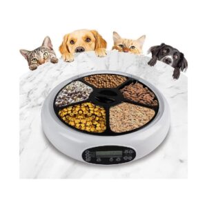 White Automatic Pet Feeder with Voice Recorder and 5 oz Compartments for Mealtime