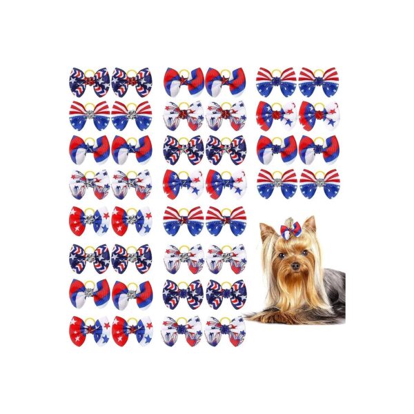 White Blue Red Dog Hair Bows - 40 Pieces of Patriotic Pet Accessories for Pet Owners