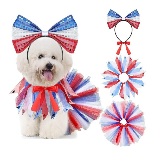 White Blue Red Girl Dog Costume Patriotic 3 Piece Set for Small Dogs