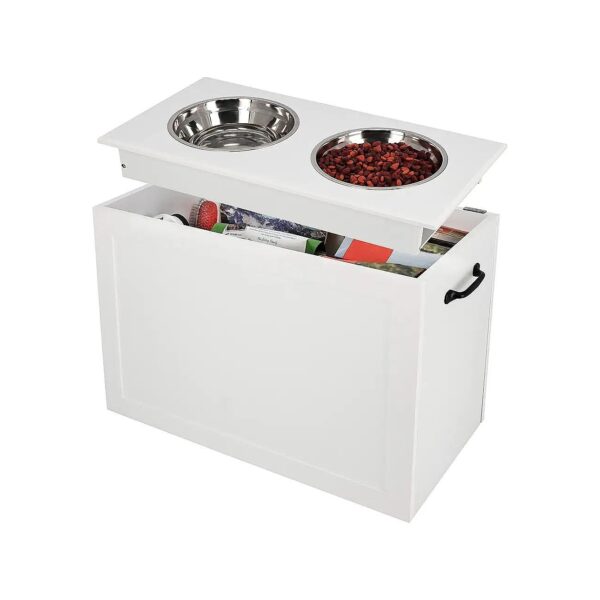 White Elevated Dog Feeder with Storage and 2 Large Pet Bowls