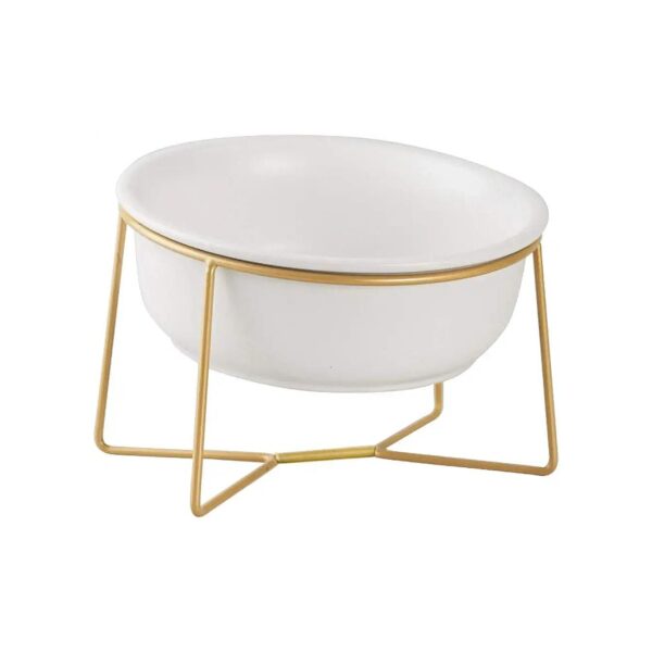 White Large Ceramic Elevated Pet Bowl with Gold Iron Stand for Cats and Dogs