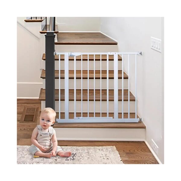 White Metal Baby Gate for Toddlers and Kids with Safety Double Lock and Easy Open Feature