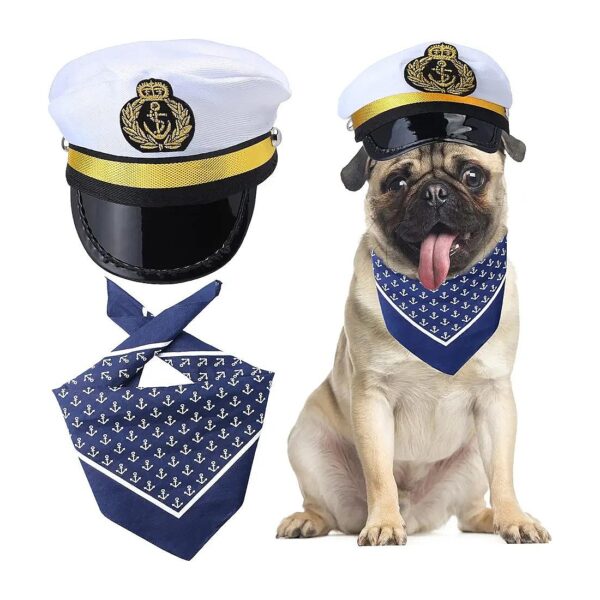 White Pet Captain Hat and Anchor Bandana Scarf Set for Cat Dog Sailors Costume Accessory