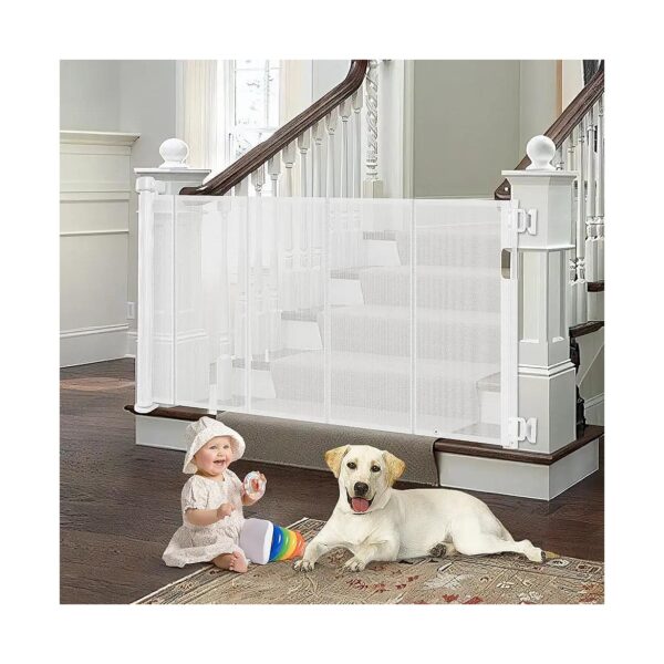 White Stairway Gate for Pets and Babies Retractable Baby Gate Adjustable Latches