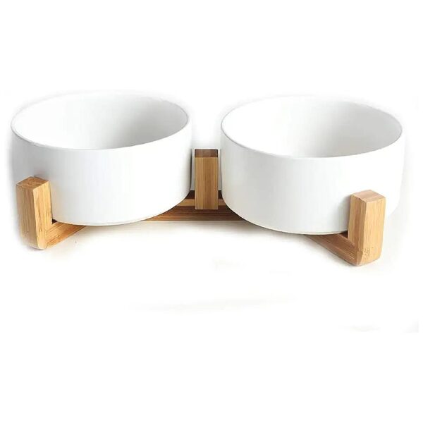 Whitex2 Ceramic Dog Bowl Set with Weighted Wood Stand for Small to Medium Size Dogs