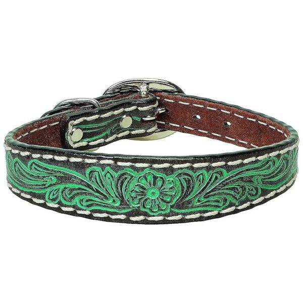 Wide Stitching on Dark Oiled Leather Dog Collar with Floral Pattern