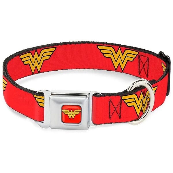 Wonder Woman Logo Red Dog Collar with Seatbelt Buckle Fits 11-17 Inch Necks 1 Inch Wide