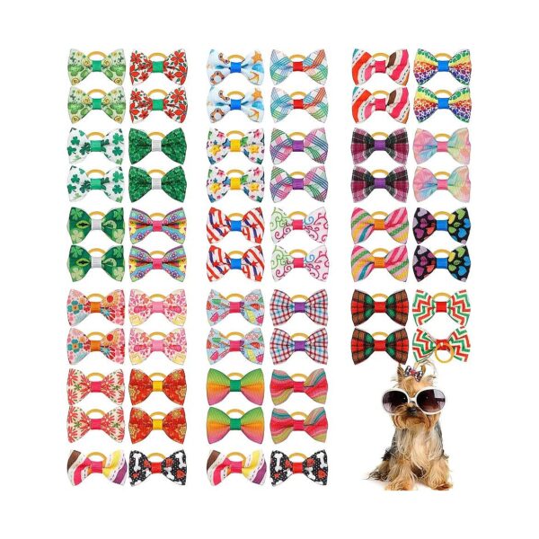 YAKA 60 Pcs Small Dog Bowknot Hair Bows with Rubber Bands for Stylish Pet Grooming