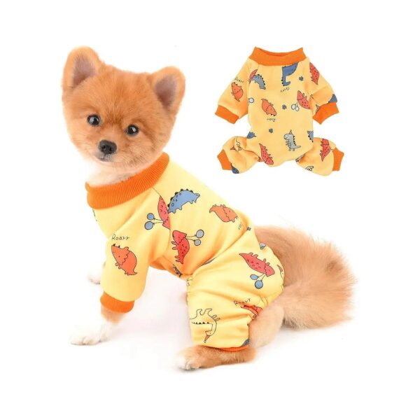 Yellow Dinosaur Print Fleece Pajamas for Small Dogs and Cats in Size S