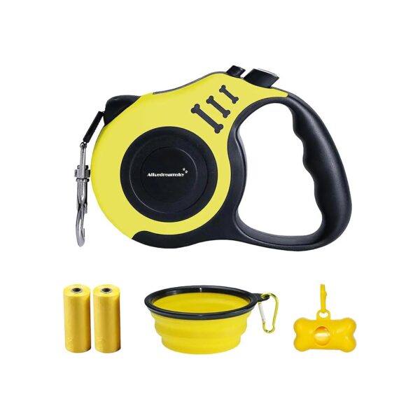 Yellow Small to Medium Dog Retractable Leash with Silicone Bowl and Waste Bags