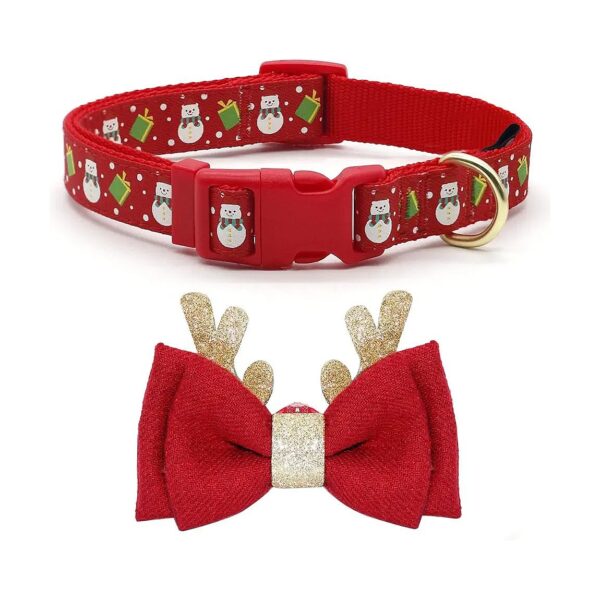 azuza-Style Christmas Dog Collar with Removable Antler Bow Tie for Medium Dogs